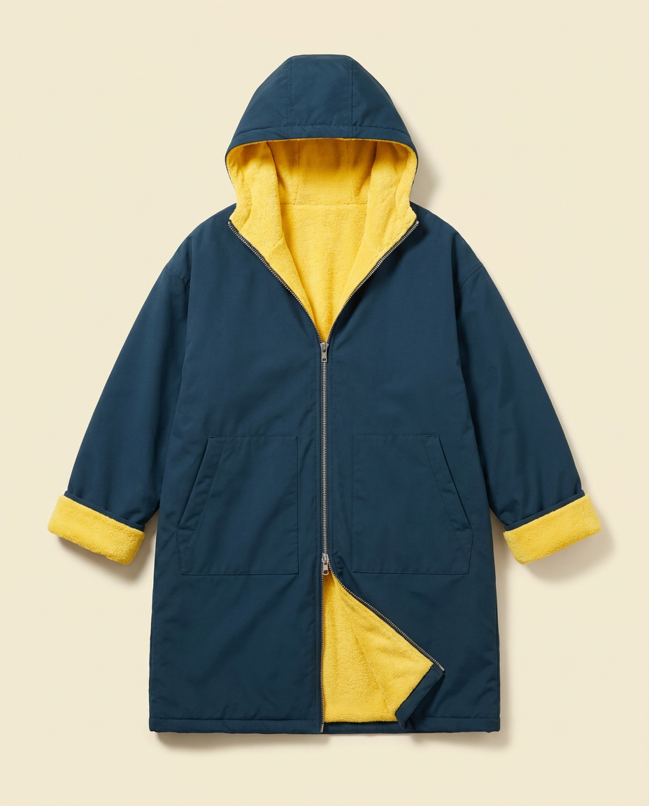Ralphee Beach Coat in Deep Ocean with Ralphee Sunshine lining, concept render, front view