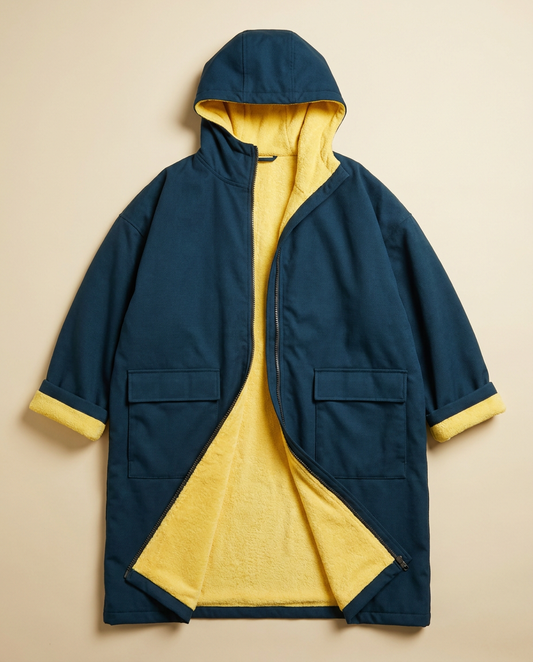 Ralphee Beach Coat in Deep Ocean with Ralphee Sunshine lining, concept render, laid flat