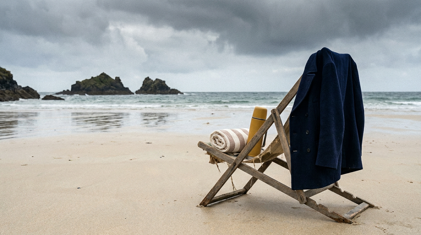 Ralphee beach coat draped over a deckchair on a British beach