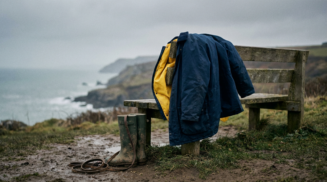 Ralphee beach coat draped over a coastal bench with wellies and a dog lead